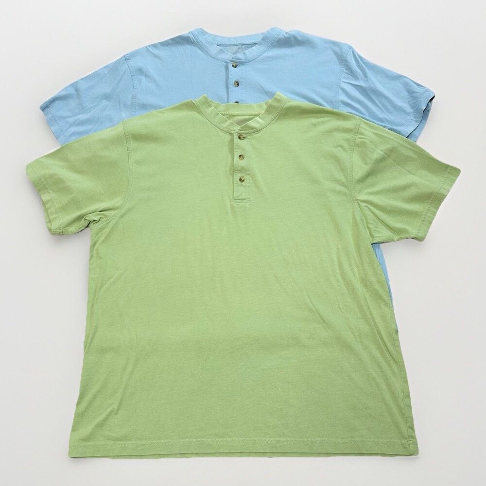 Set Of 2 LL Bean Shirts Mens XL Blue Green Henley Short Sleeve Cotton Carefree